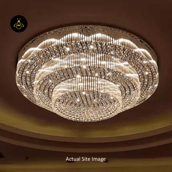 Round crystal flush-mount chandelier with clear K9 crystal batons for a dining room