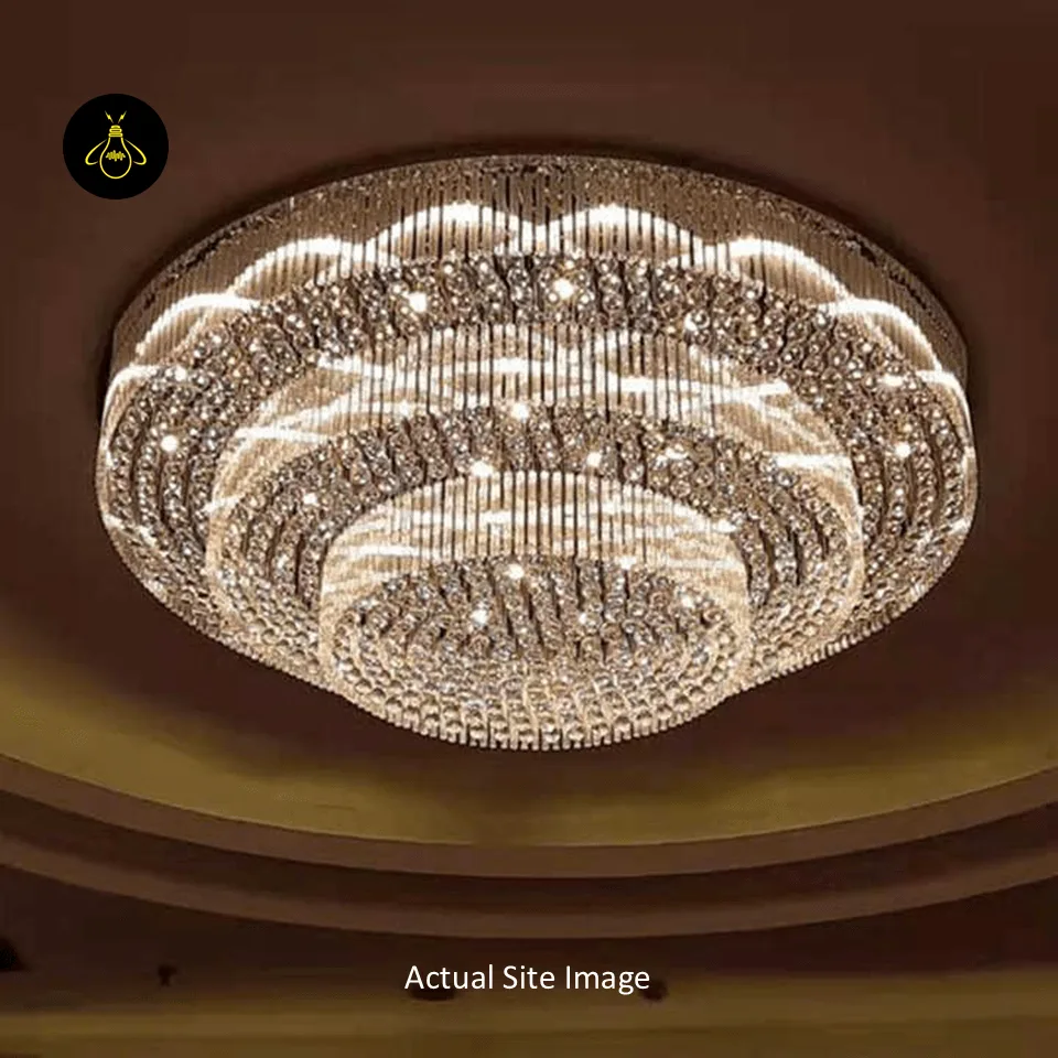 Crystal Ceiling Chandelier – Round Flush-Mount K9, 6 Sizes 3 Round crystal flush-mount chandelier with clear K9 crystal batons for a dining room