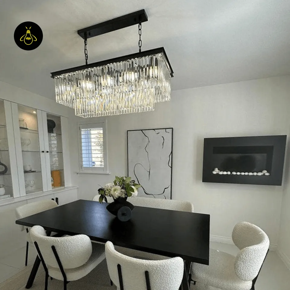 Rectangular Crystal Chandelier – Satin Gold 2-Tier Eternal Shine 3 Eternal Shine rectangular crystal chandelier showing its two-tier satin gold crystal design