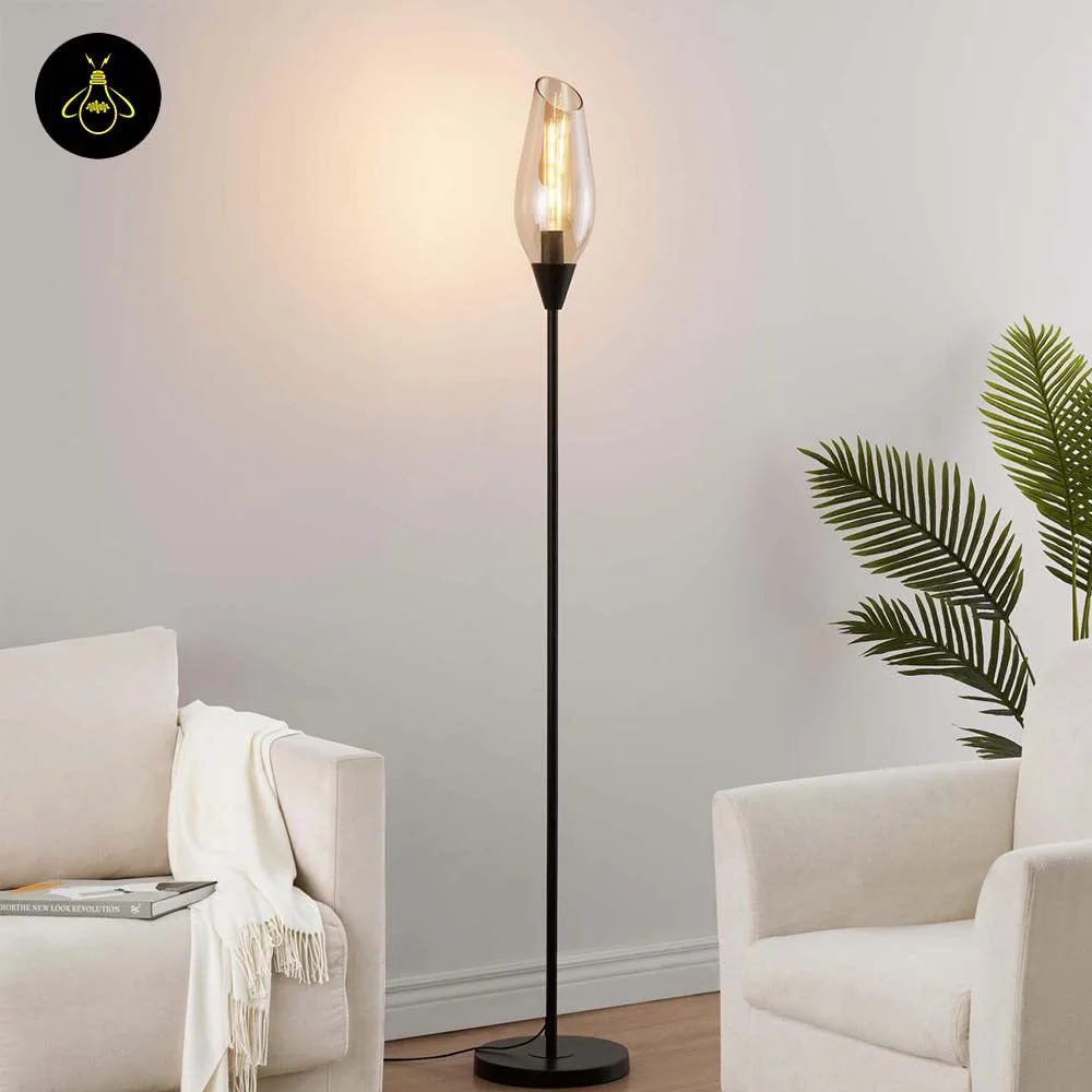 Black Amber Glass Floor Lamp – Modern Teardrop Shade | Ambrosia 3 Front view of black floor lamp with a single amber glass teardrop shade