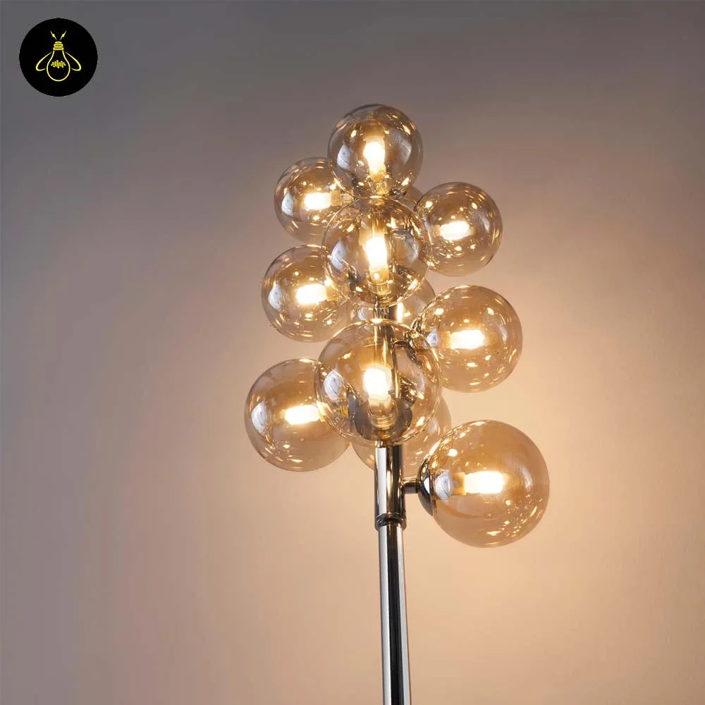 Amber Glass Floor Lamp – 12-Globe Polished Chrome, 157.5 cm 2 Close-up of amber glass globes on polished chrome floor lamp stem
