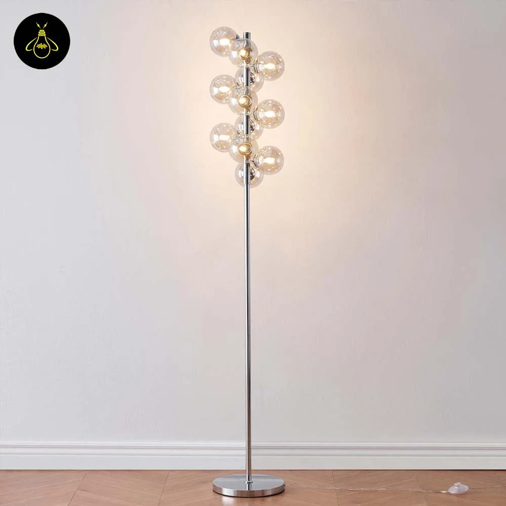 Amber Glass Floor Lamp – 12-Globe Polished Chrome, 157.5 cm 3 Amber glass floor lamp front view with round chrome base