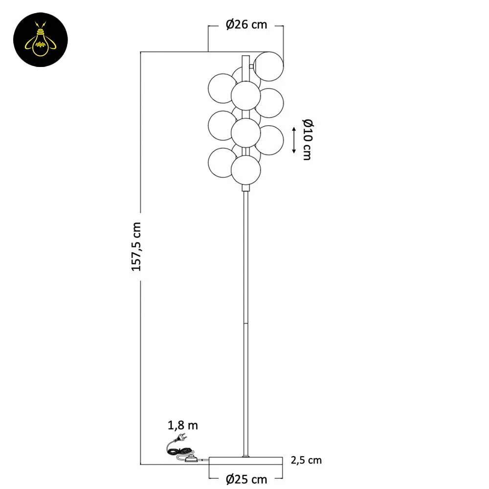 Amber Glass Floor Lamp – 12-Globe Polished Chrome, 157.5 cm 14 Dimension drawing for amber glass floor lamp showing 157.5 cm height