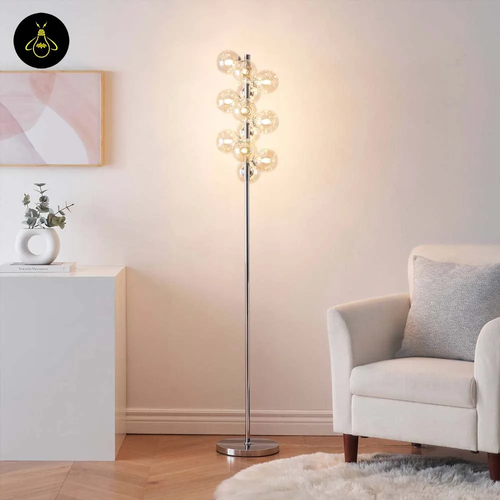 Amber Glass Floor Lamp – 12-Globe Polished Chrome, 157.5 cm 4 Lit amber glass floor lamp with chrome frame in a modern room
