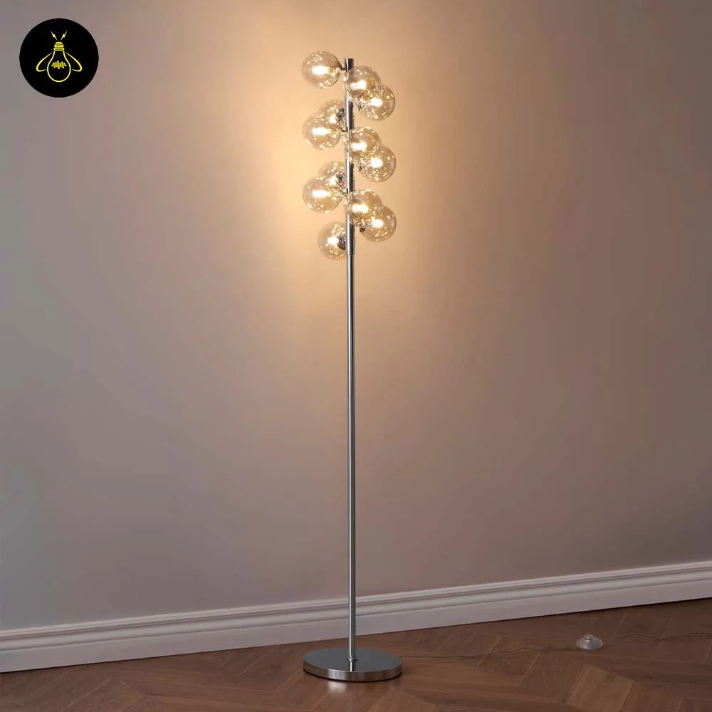 Amber Glass Floor Lamp – 12-Globe Polished Chrome, 157.5 cm 5 Contemporary amber glass floor lamp with slim chrome stand