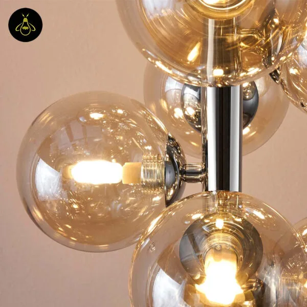 Detail of amber borosilicate glass globes and chrome fittings on floor lamp