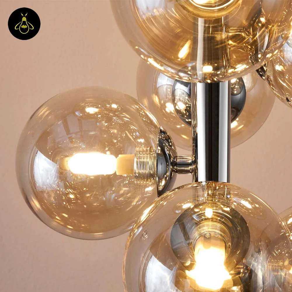Amber Glass Floor Lamp – 12-Globe Polished Chrome, 157.5 cm 6 Detail of amber glass globes and chrome fittings on floor lamp