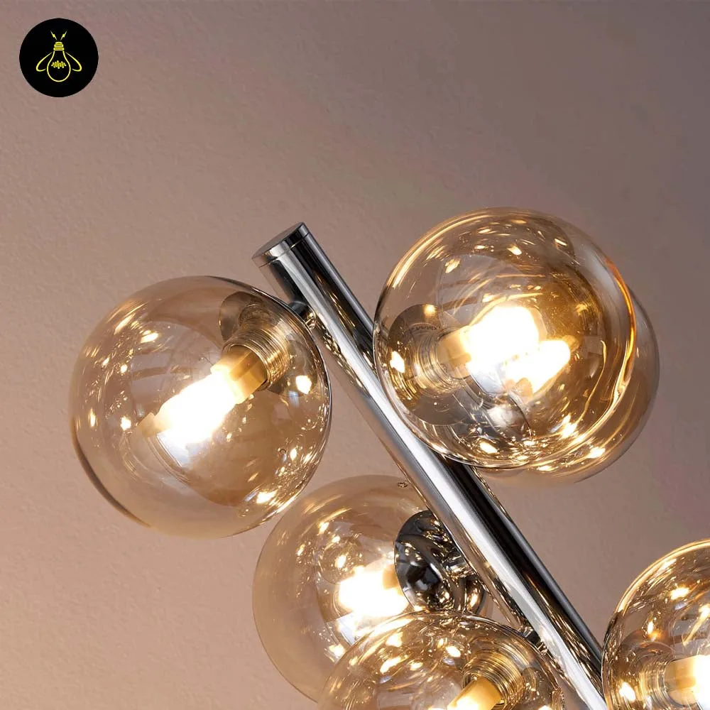 Amber Glass Floor Lamp – 12-Globe Polished Chrome, 157.5 cm 8 Top cluster of amber glass globes on chrome floor lamp