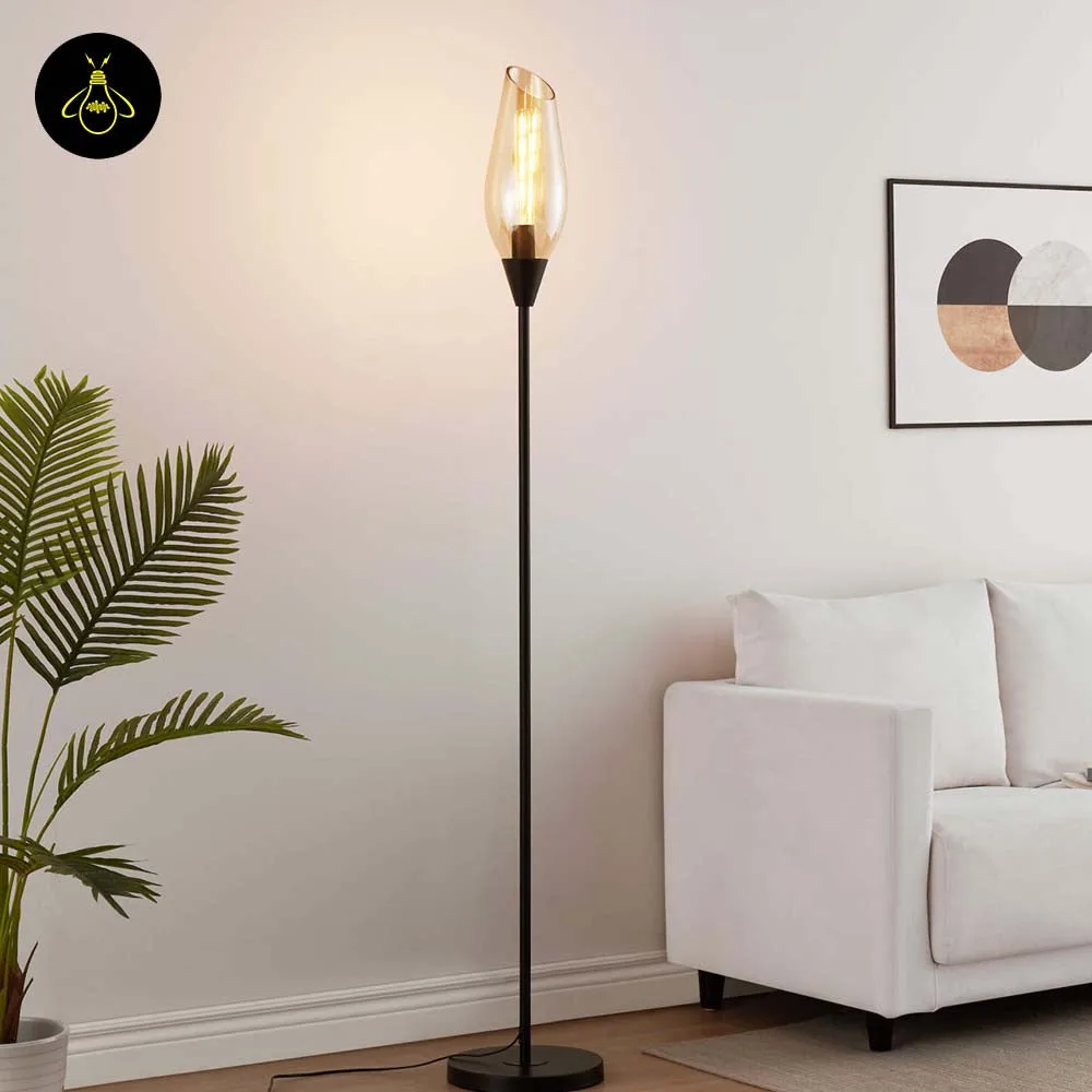 Black Amber Glass Floor Lamp – Modern Teardrop Shade | Ambrosia 2 Black amber glass floor lamp with teardrop shade styled in a living room