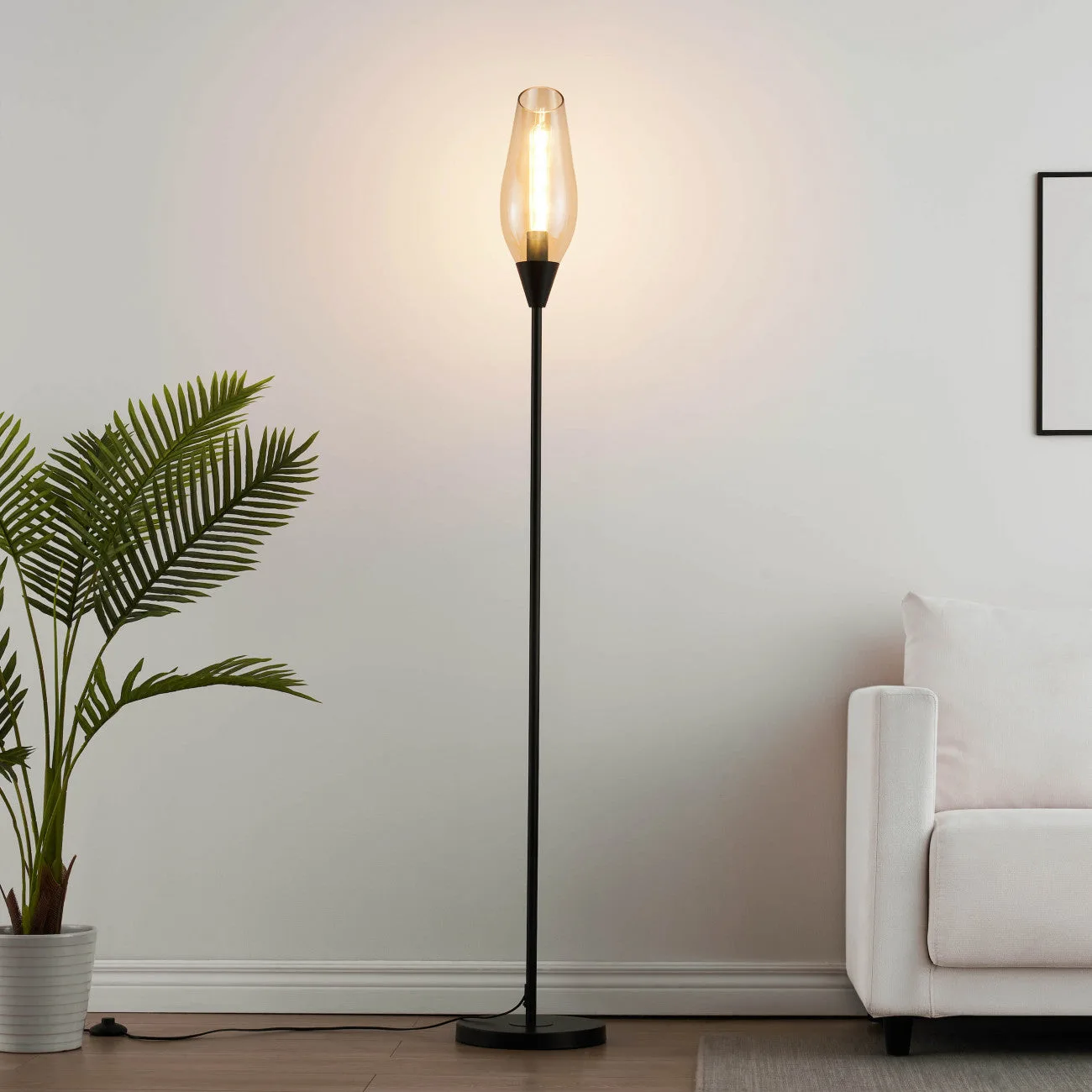 Black Amber Glass Floor Lamp – Modern Teardrop Shade | Ambrosia 9 Black amber glass floor lamp shown full height with teardrop shade