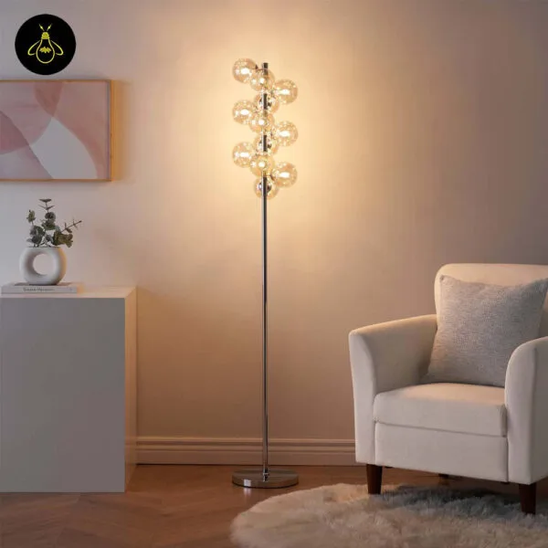 Amber glass floor lamp styled in a living room corner