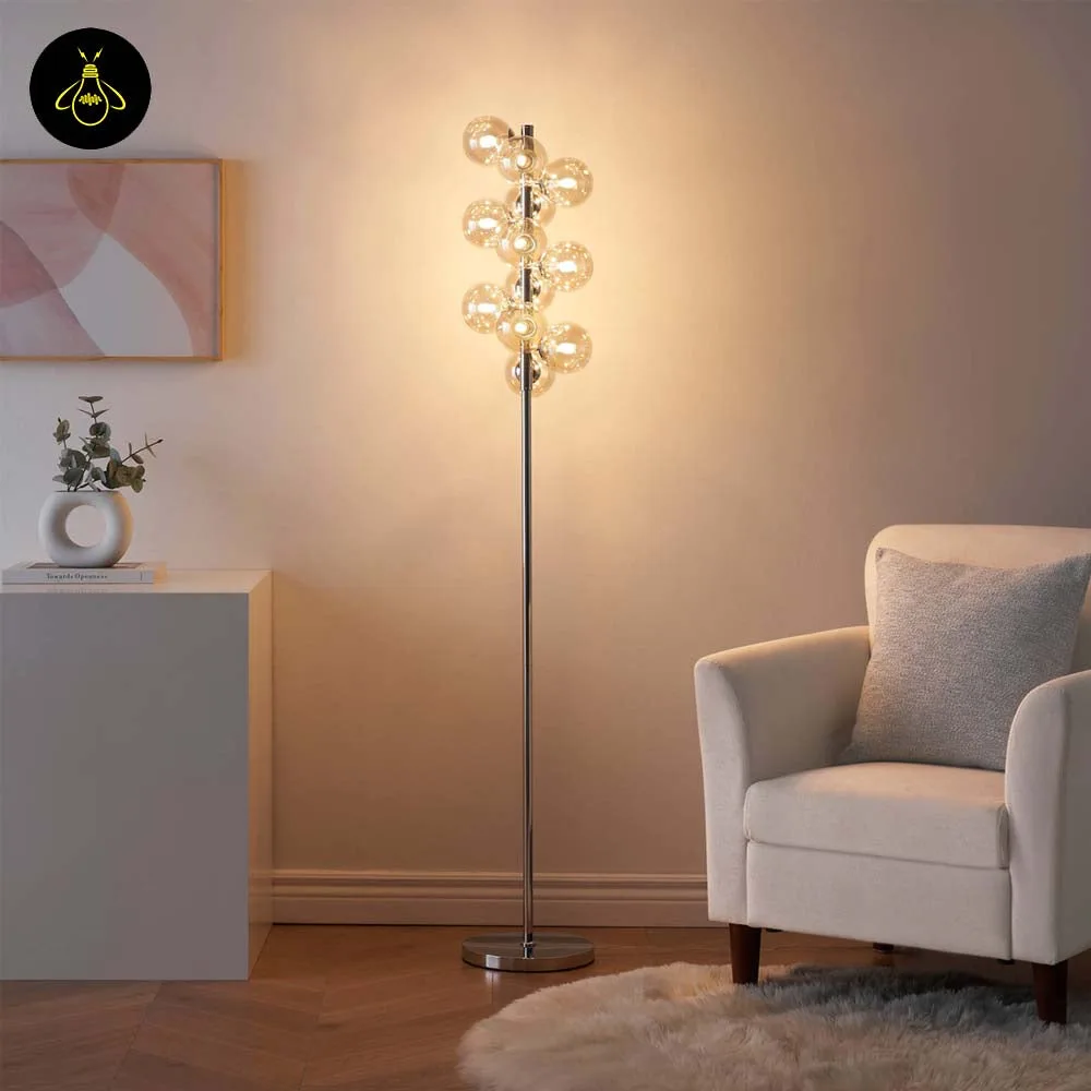 Amber Glass Floor Lamp – 12-Globe Polished Chrome, 157.5 cm 9 Amber glass floor lamp styled in a living room corner