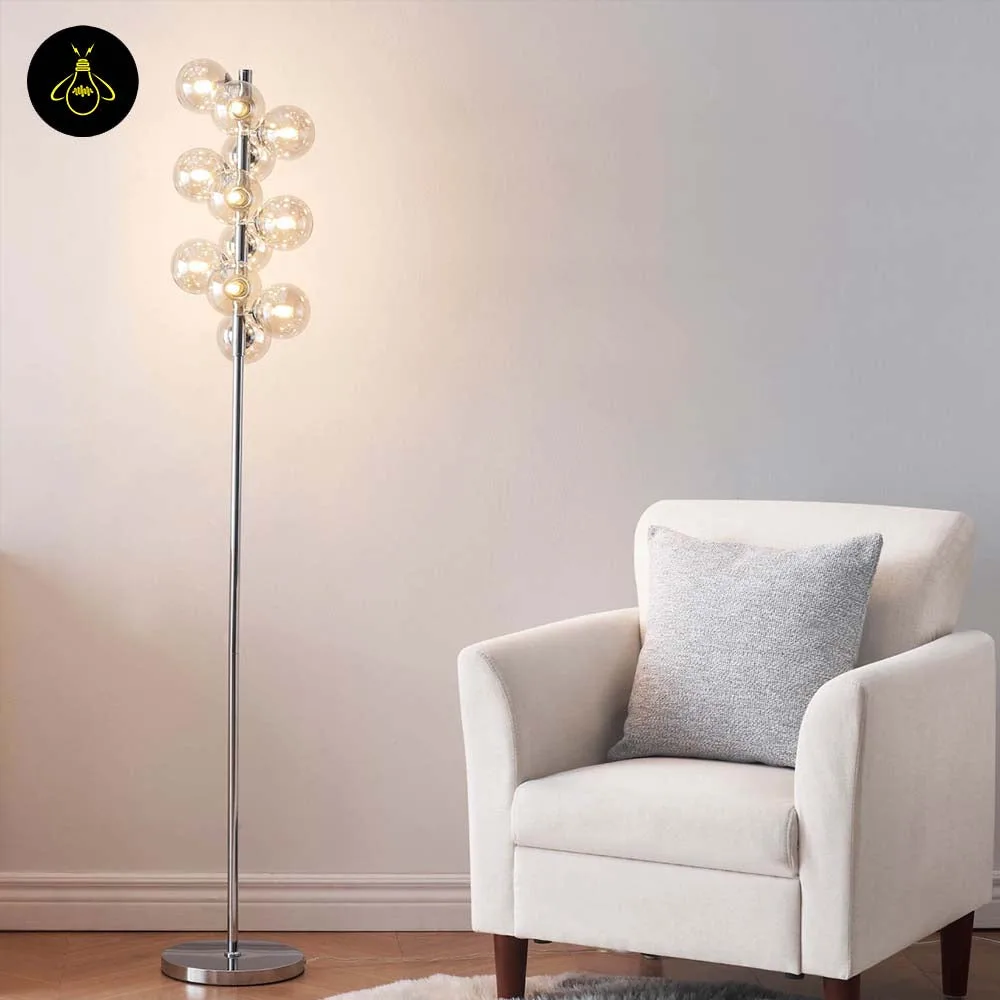 Amber Glass Floor Lamp – 12-Globe Polished Chrome, 157.5 cm 10 Amber glass floor lamp next to a lounge chair