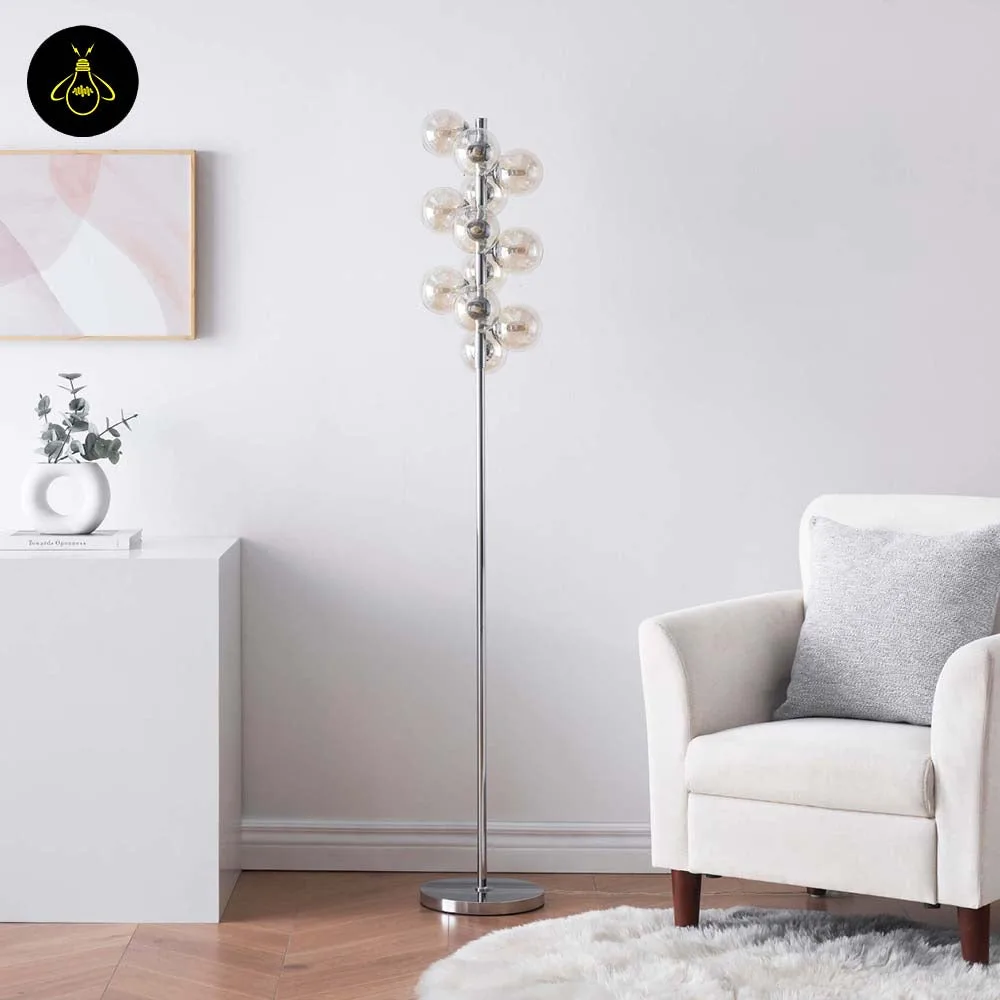 Amber Glass Floor Lamp – 12-Globe Polished Chrome, 157.5 cm 12 Amber glass floor lamp creating soft ambient light in a room