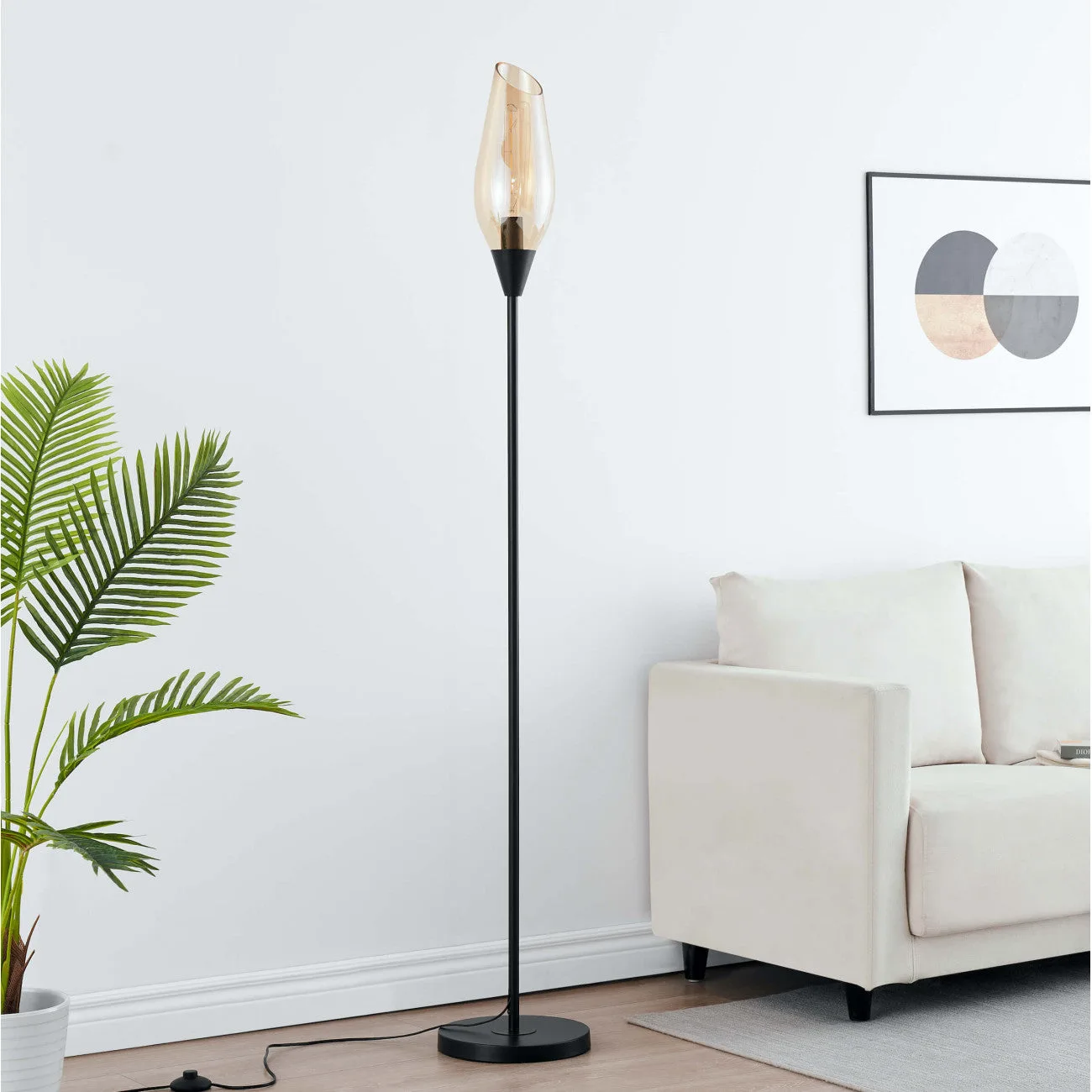 Black Amber Glass Floor Lamp – Modern Teardrop Shade | Ambrosia 5 Black amber glass floor lamp beside lounge seating