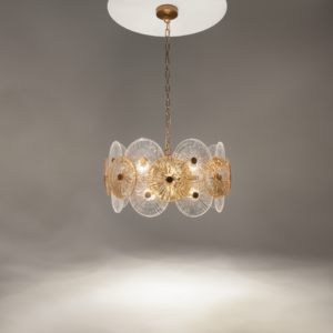 Round gold fluted glass disc chandelier in amber and clear ceiling light