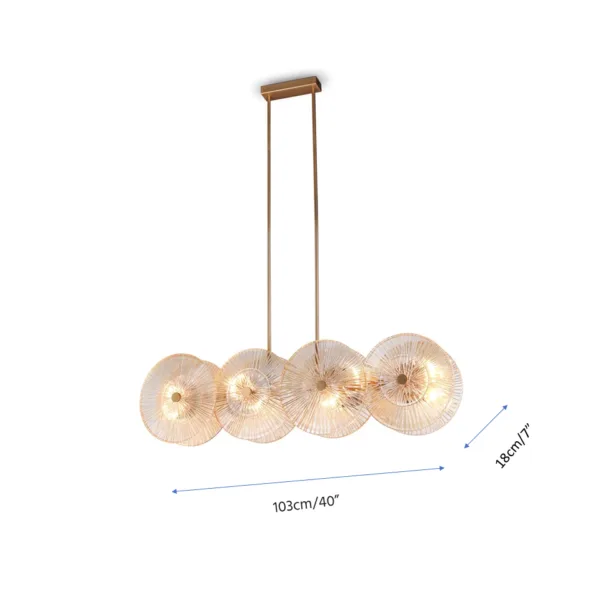 Linear fluted glass chandelier dimensions, 103 cm long by 18 cm wide in gold