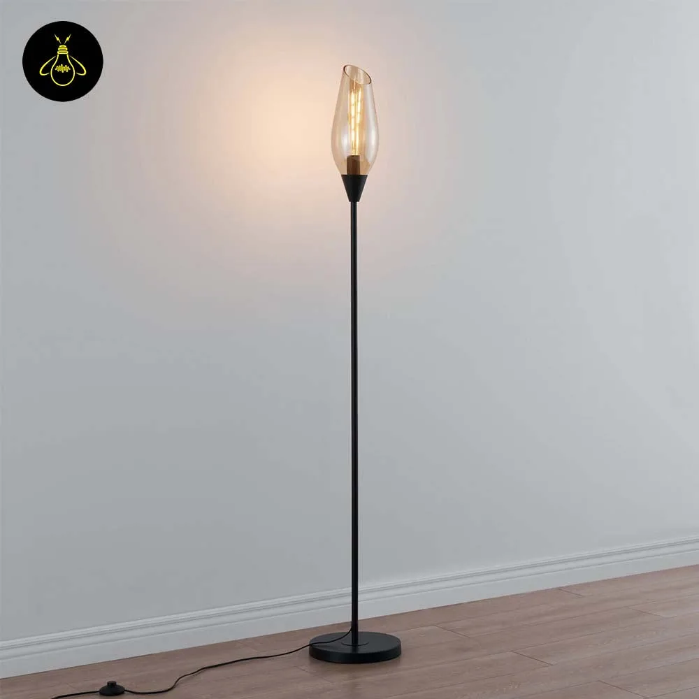 Black Amber Glass Floor Lamp – Modern Teardrop Shade | Ambrosia 10 Close-up of the amber glass teardrop shade on the black Ambrosia floor lamp