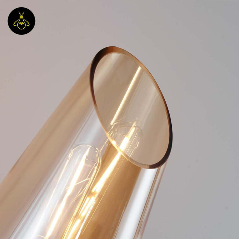Black amber glass floor lamp in a hotel-style seating area