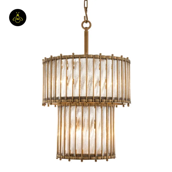 Antique brass chandelier with clear borosilicate glass rods in a two-tier lantern design