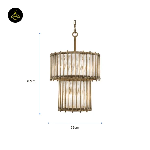 Antique brass chandelier dimension drawing: 52 cm wide and 82 cm tall, with its chain and ring
