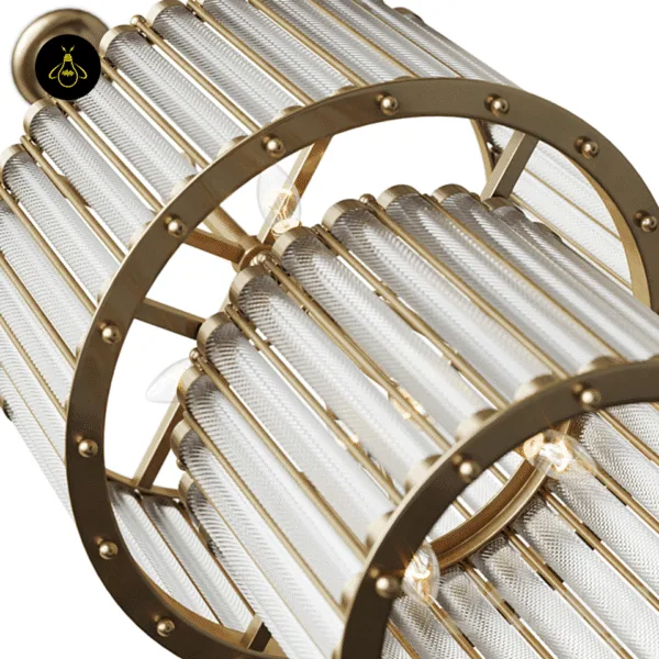 Close-up of the antique brass chandelier ring, round studs, textured glass rods and E14 candle bulbs