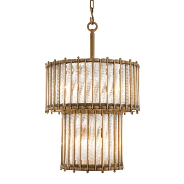 Antique brass chandelier with two tiers of twisted clear borosilicate glass rods, lit, hanging from a chain