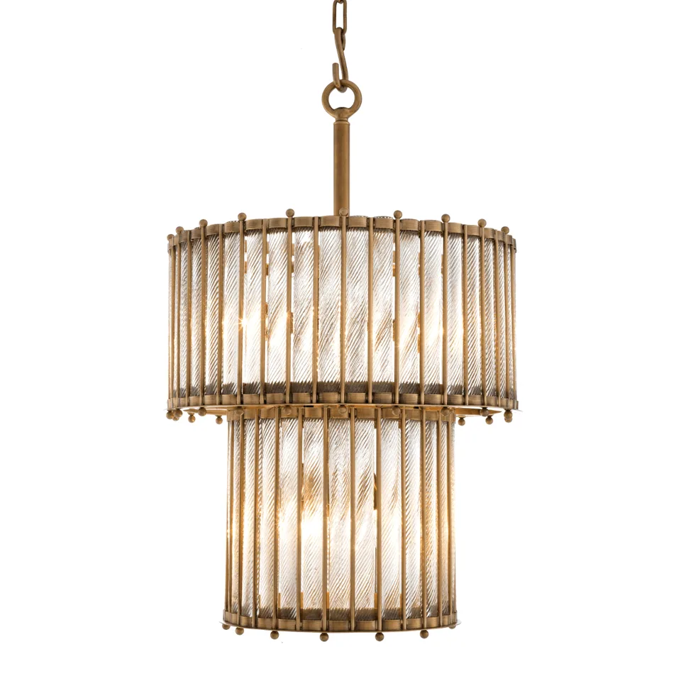 Antique brass chandelier with two tiers of twisted clear borosilicate glass rods, lit, hanging from a chain