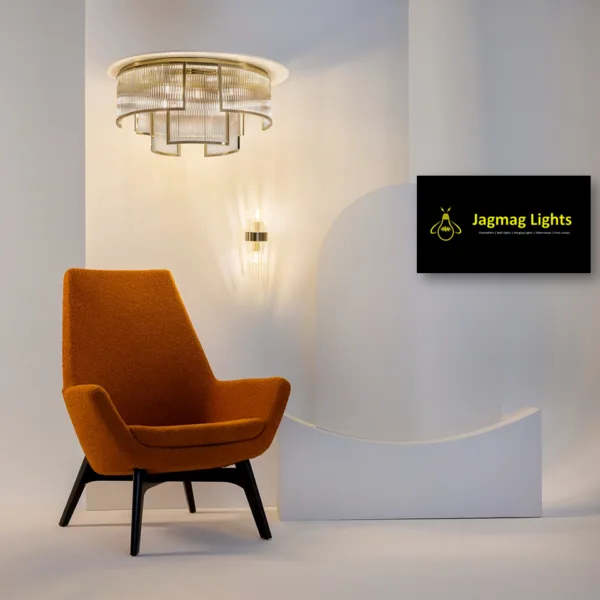Gold fluted glass chandelier semi-flush mounted above a reading chair