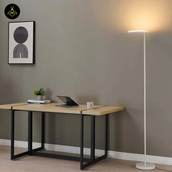 White LED floor lamp with adjustable head used in a home office setting