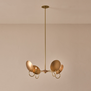Elegant wood brass chandelier with hand-spun bronze reflector shades by Jagmag