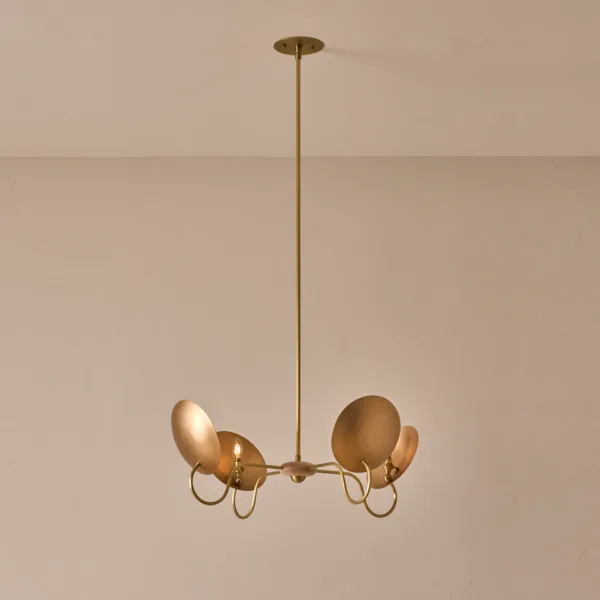 Wood and brass chandelier with four hand-spun bronze reflector shades by JagMag