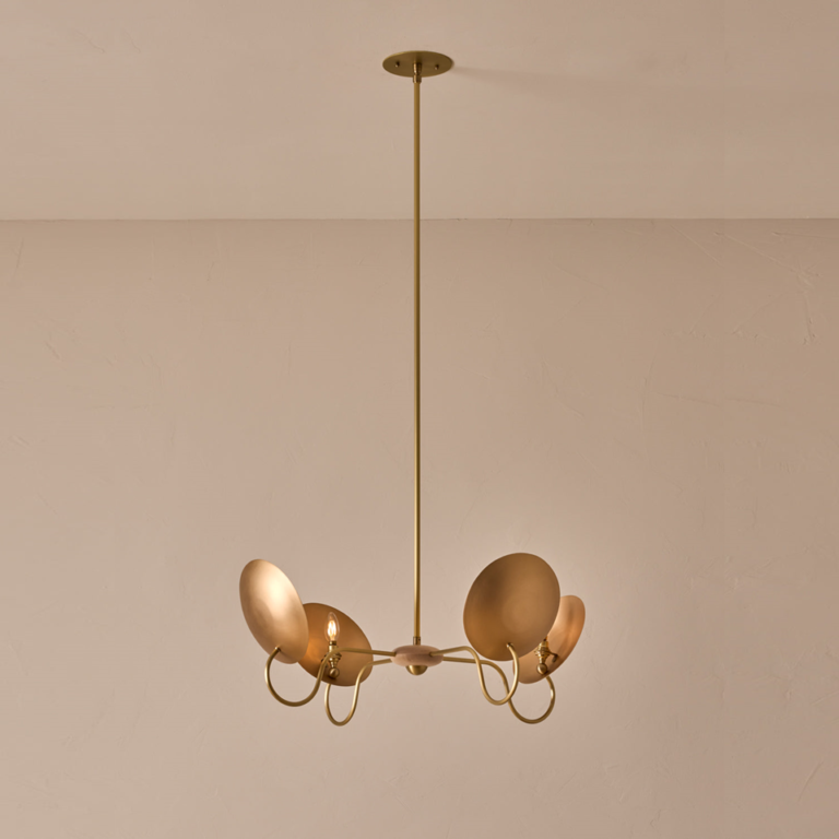 Wood and brass chandelier with four hand-spun bronze reflector shades by JagMag