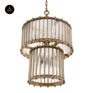 Art deco antique brass lantern chandelier hanging from a brass chain