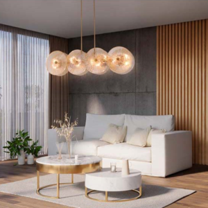 Linear gold fluted glass disc chandelier on rod mount for a dining table