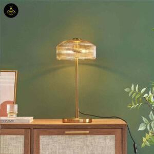 Brass table lamp with ribbed amber glass - bed side vintage design