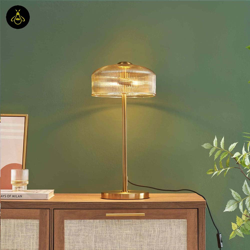 Brass table lamp with ribbed amber glass - bed side vintage design