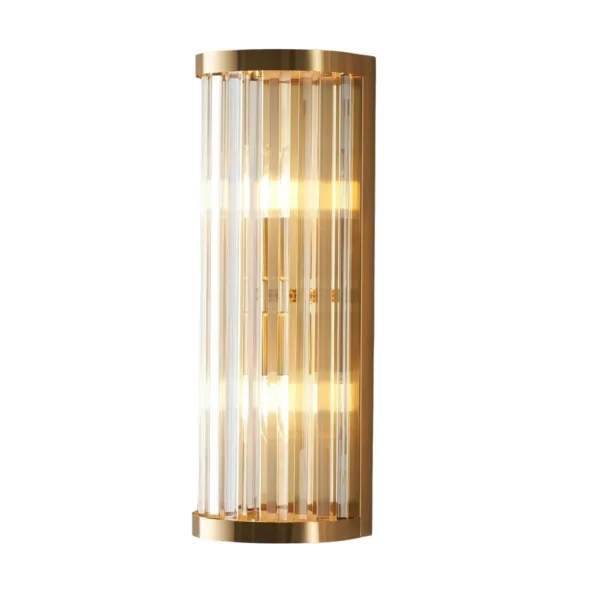 Ribbed glass wall light shown unlit on a white background, front view of the clear glass rods and gold caps