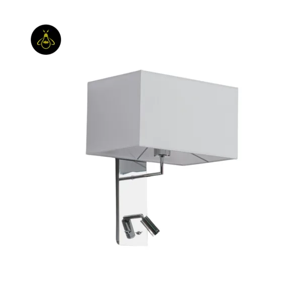 Wall mounted bedside light on white: rectangular fabric shade, chrome plate and swivel LED reading spot