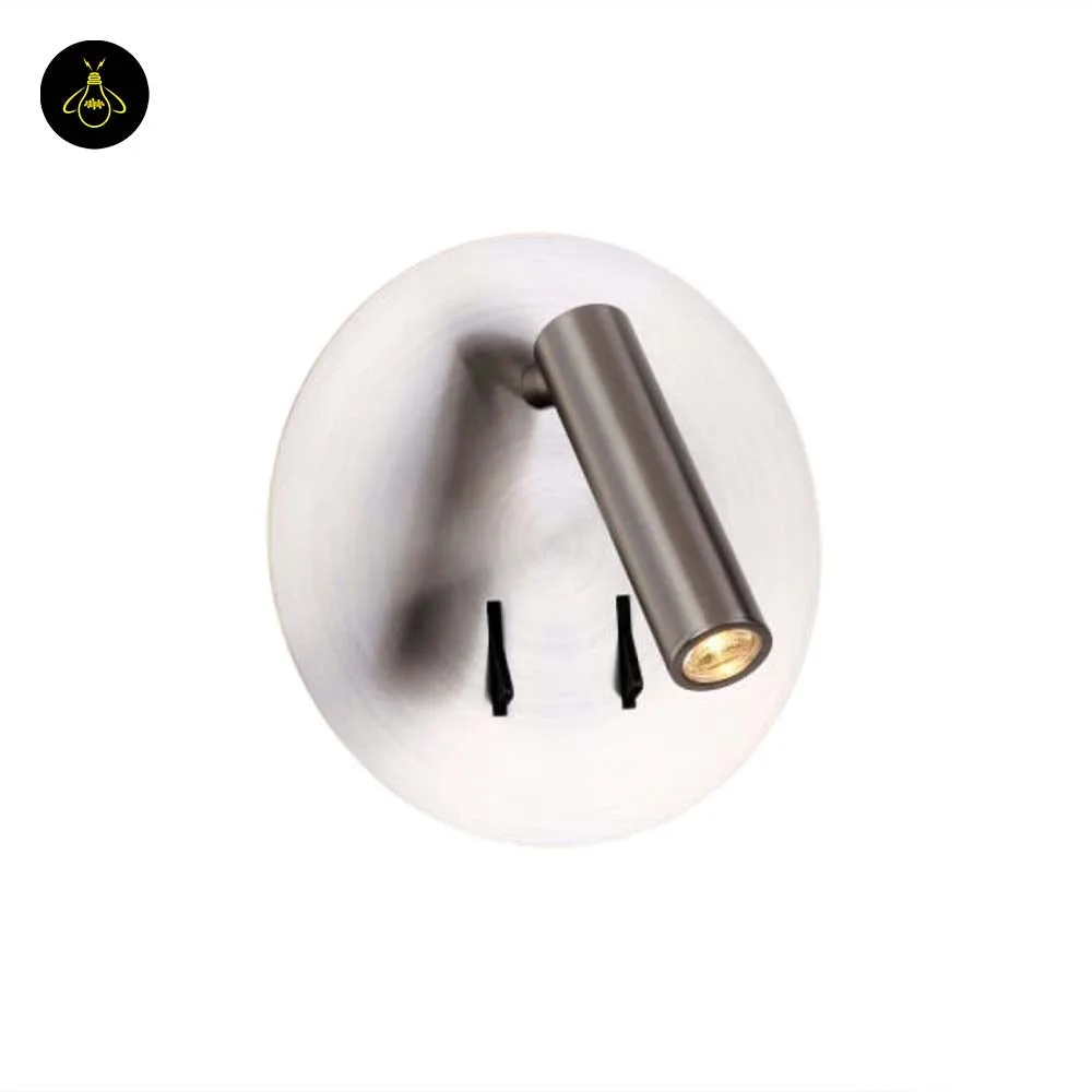 Wall Mounted Reading Light – LED Double Light, Chrome Finish 10 Wall lamp for bedroom on white: round brushed chrome disc, short swivel joint and LED reading spot
