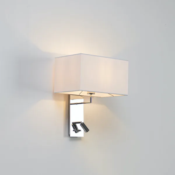 Wall mounted bedside light with white fabric shade and chrome stainless steel reading spot, lit on a white wall
