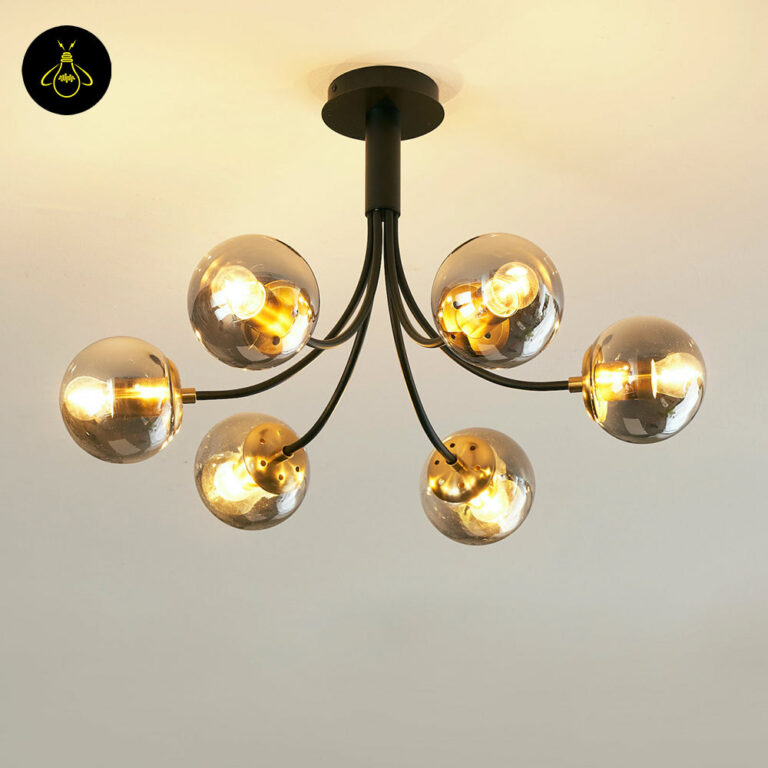 Top view of 6-light black glass chandelier with smoke-grey glass globes