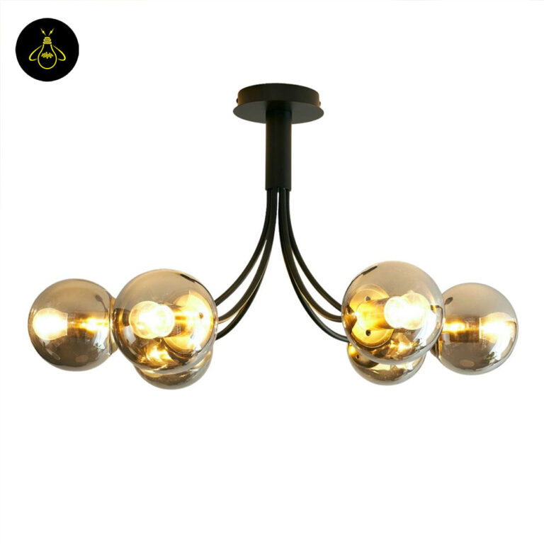 Matte-black finish stainless-steel frame of a glass globe chandelier