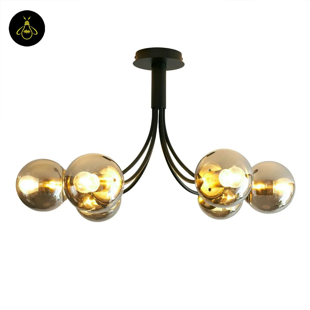Black Glass Chandelier – 6-Light Smoke Glass Globe Semi-Flush 13 Matte-black finish stainless-steel frame of a glass globe chandelier
