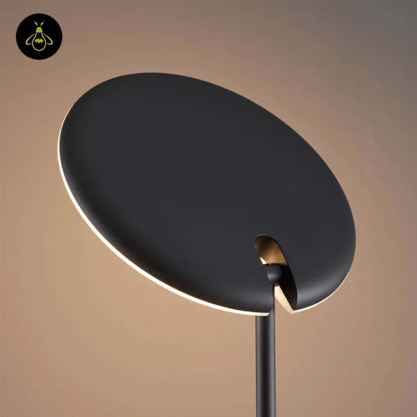 Black LED floor lamp with adjustable head used as decorative ambient lighting