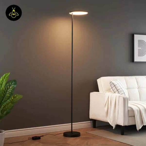 Close-up of matte black finish on the black LED floor lamp with adjustable head and slim stem