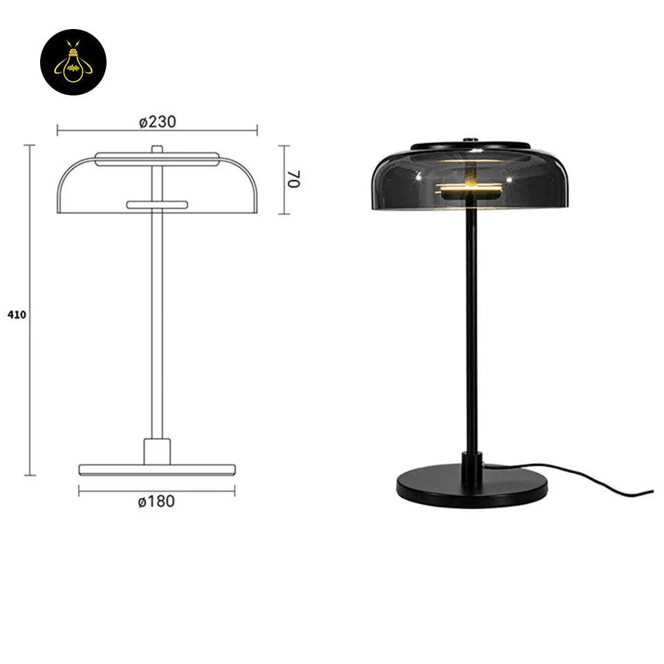 Smoked Glass Table Lamp – Black Dome with Steel Base 7 Glass Table Lamp – Black Smoked Dome with Stainless Steel Base dimension diagram