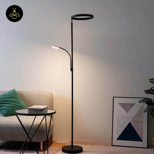 Black LED floor lamp with reading light beside a living room sofa