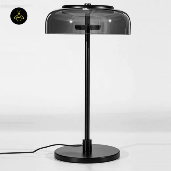 Black table lamp switched off, smoked borosilicate glass dome on a thin black stainless steel stem and round base