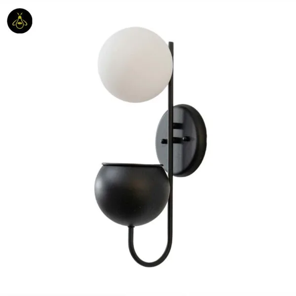 Unlit plant pot wall light on white: opal borosilicate glass globe, matte black backplate and planter cup